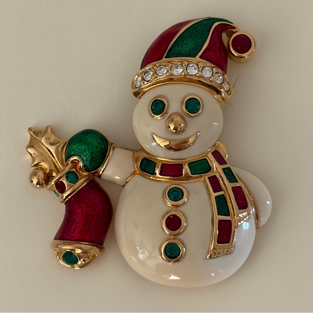 Swarovski Crystal SWAN STAMP Enamel Festive Snowman Brooch Pin RARE/RETIRED